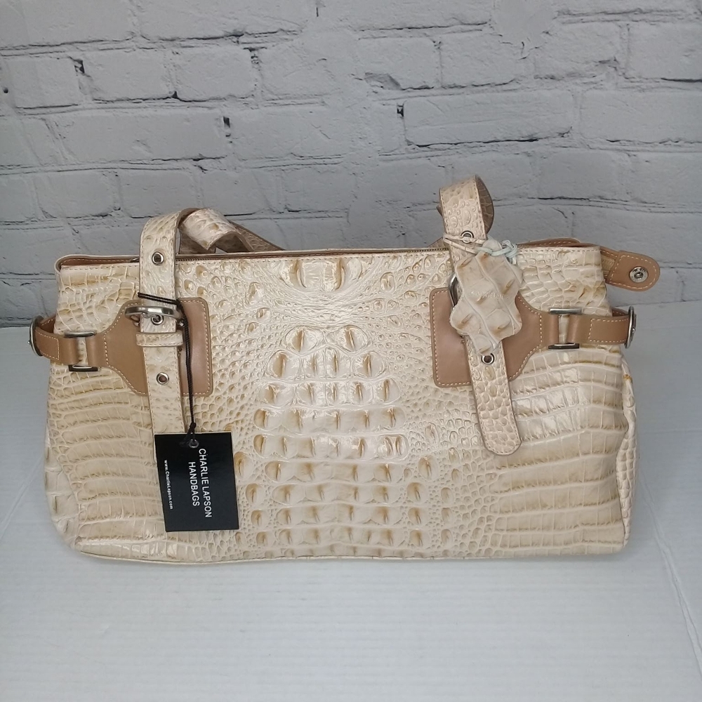 NWT Charlie Lapson Tan Cream Polished Crocodile Leather Satchel Dual Handle Bag